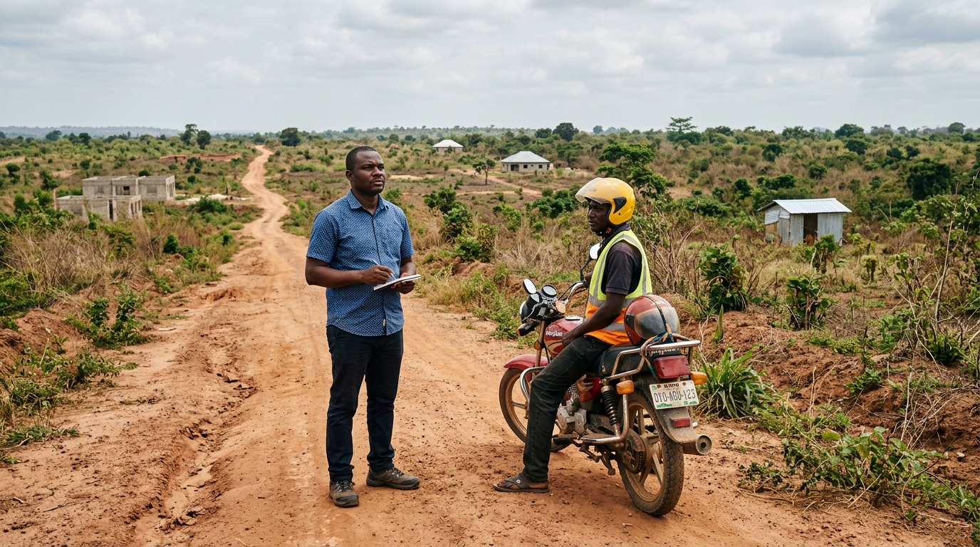 Nigerian land buyer inspecting a remote property with difficult road access